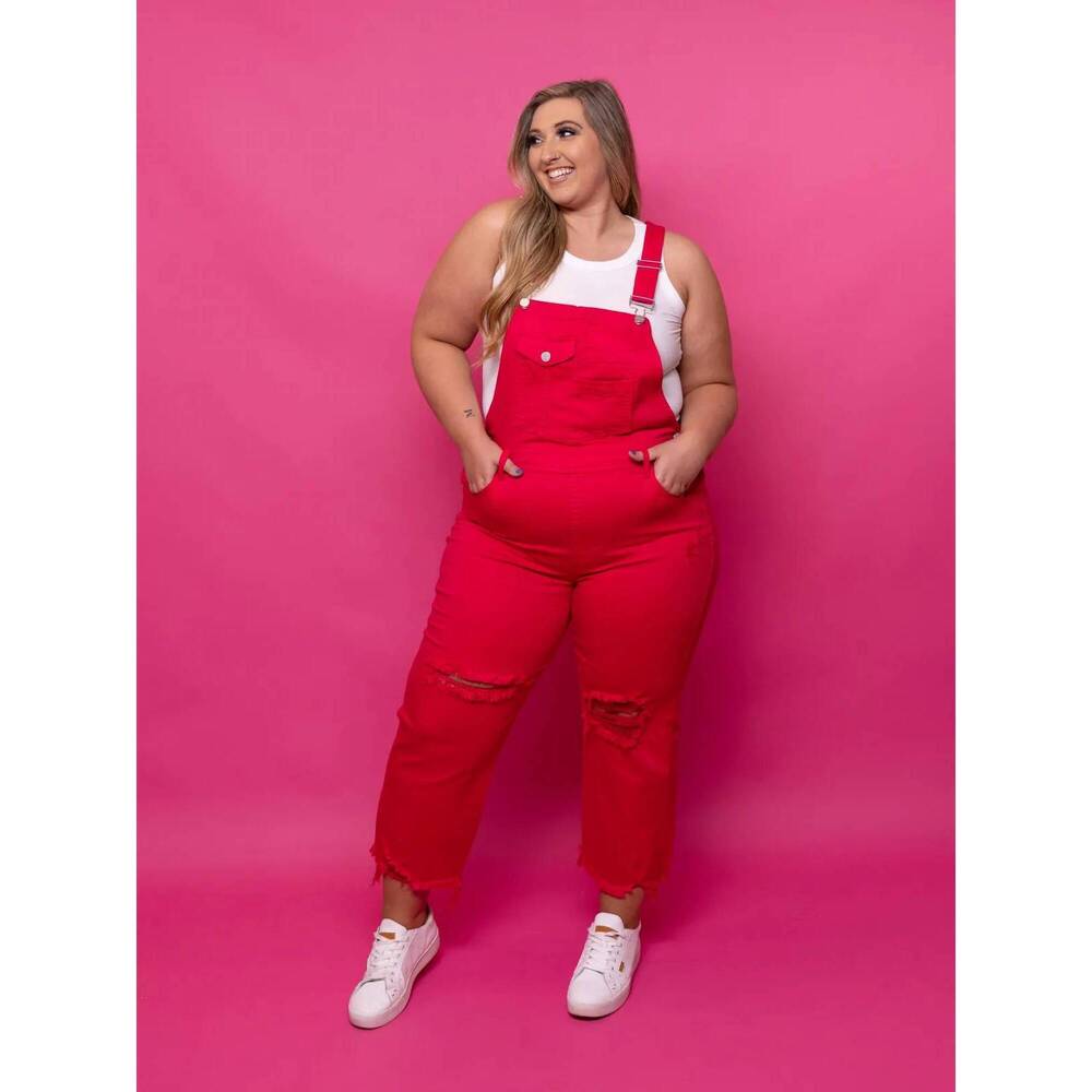 NEW RISEN high rise distressed denim overalls in fuchsia